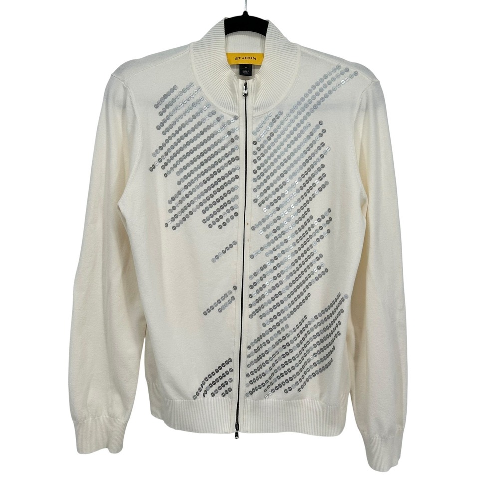 St.‎ John Sequin Zip Front Cardigan Sweater Women's Medium Ivory Embellished